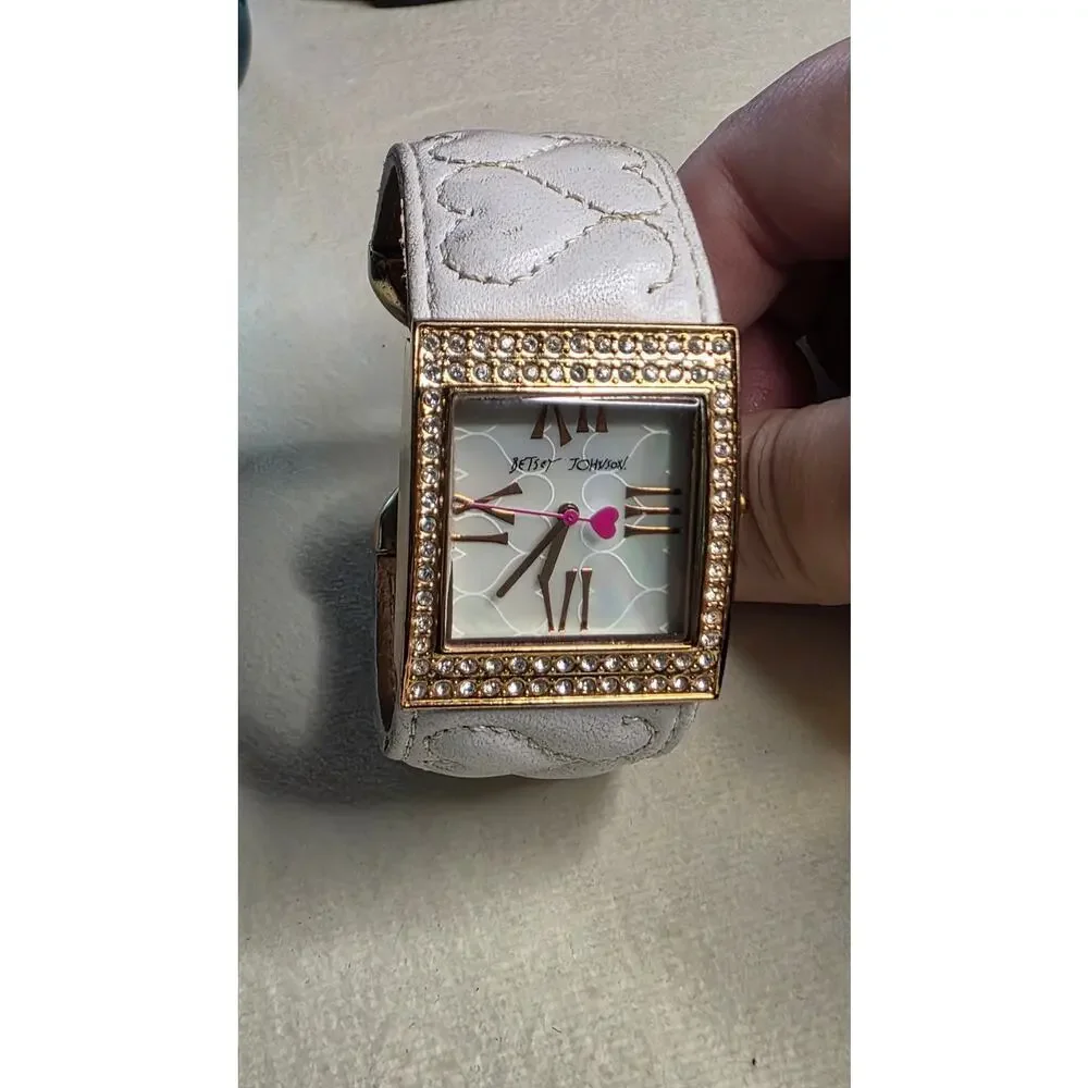 Betsey Johnson Cuff Watch Quilted Leather White Gold Mother of Pearl Dial